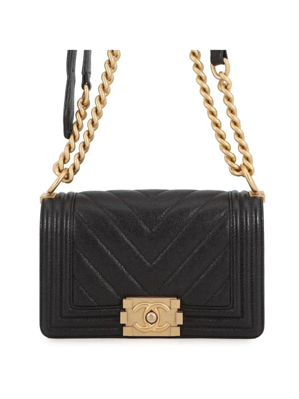 Chanel Chain Shoulder Bag Boy Small Quilted CC Logo Caviar Leather Black